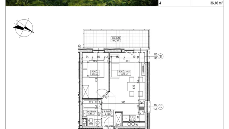 Rzut - Mieszkanie na sprzedaż 2 pokoje o powierzchni 36,16 m² - numer C8.03.37 w Osiedle Panorama Wiślana Etap VI - budynek C8