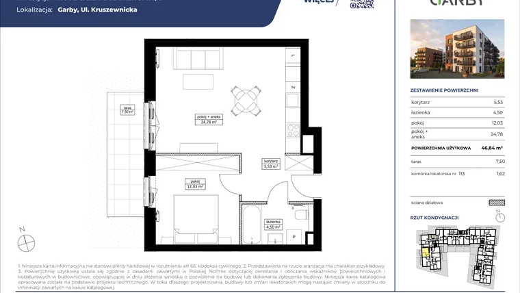 Rzut - Mieszkanie na sprzedaż 2 pokoje o powierzchni 46,84 m² - numer 5 w Nove Garby Etap III