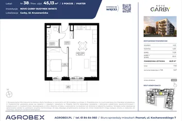Rzut - Mieszkanie na sprzedaż 2 pokoje o powierzchni 45,13 m² - numer 38 w Nove Garby Etap III