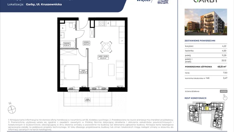 Rzut - Mieszkanie na sprzedaż 2 pokoje o powierzchni 45,13 m² - numer 38 w Nove Garby Etap III