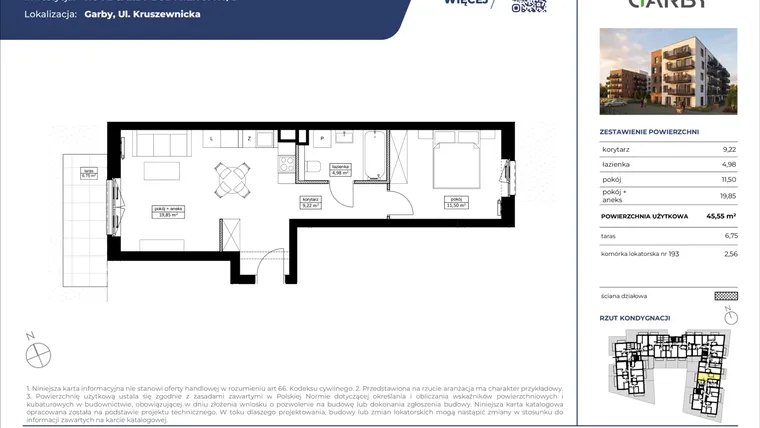 Rzut - Mieszkanie na sprzedaż 2 pokoje o powierzchni 45,55 m² - numer 85 w Nove Garby Etap III