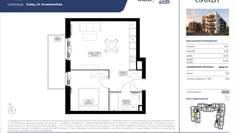 Rzut - Mieszkanie na sprzedaż 2 pokoje o powierzchni 46,84 m² - numer 12 w Nove Garby Etap III