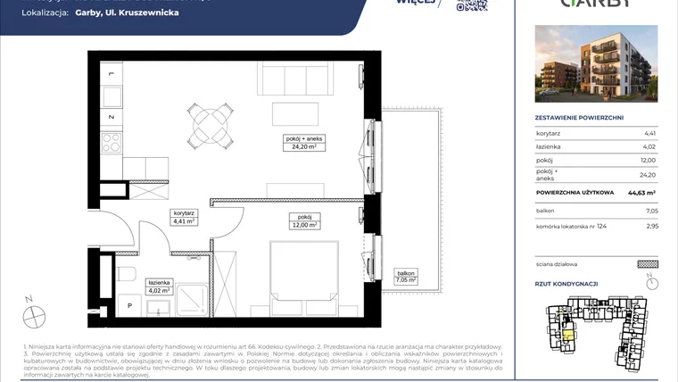 Rzut - Mieszkanie na sprzedaż 2 pokoje o powierzchni 44,63 m² - numer 16 w Nove Garby Etap III