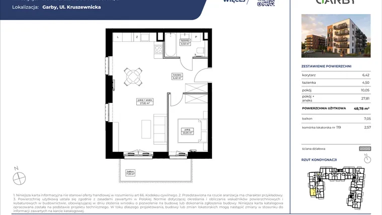 Rzut - Mieszkanie na sprzedaż 2 pokoje o powierzchni 48,78 m² - numer 11 w Nove Garby Etap III