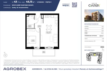 Rzut - Mieszkanie na sprzedaż 2 pokoje o powierzchni 45,13 m² - numer 43 w Nove Garby Etap III