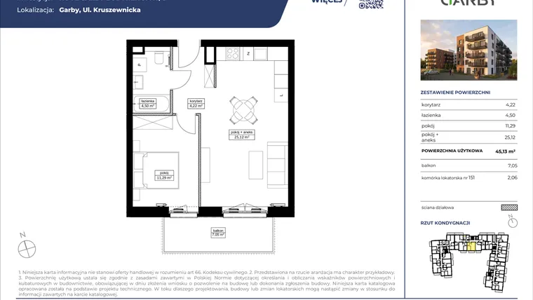 Rzut - Mieszkanie na sprzedaż 2 pokoje o powierzchni 45,13 m² - numer 43 w Nove Garby Etap III