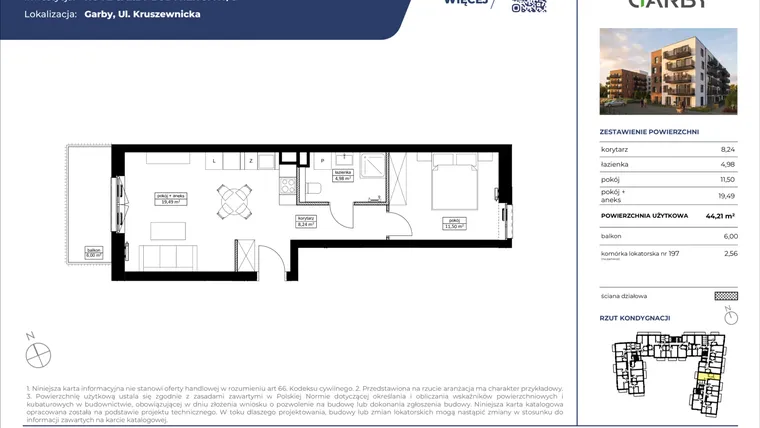 Rzut - Mieszkanie na sprzedaż 2 pokoje o powierzchni 44,21 m² - numer 89 w Nove Garby Etap III