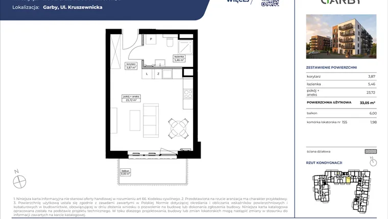 Rzut - Mieszkanie na sprzedaż 1 pokój o powierzchni 33,05 m² - numer 47 w Nove Garby Etap III