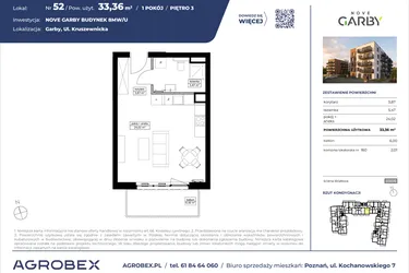 Rzut - Mieszkanie na sprzedaż 1 pokój o powierzchni 33,36 m² - numer 52 w Nove Garby Etap III