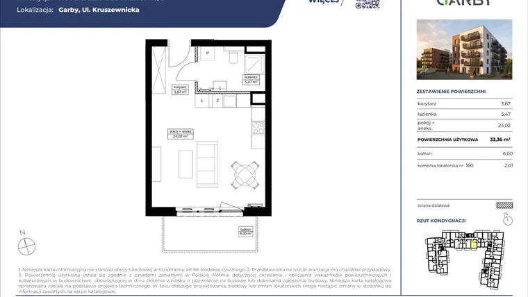 Rzut - Mieszkanie na sprzedaż 1 pokój o powierzchni 33,36 m² - numer 52 w Nove Garby Etap III