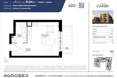 Rzut - Mieszkanie na sprzedaż 1 pokój o powierzchni 31,94 m² - numer 1 w Nove Garby Etap III