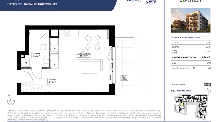 Rzut - Mieszkanie na sprzedaż 1 pokój o powierzchni 31,94 m² - numer 1 w Nove Garby Etap III