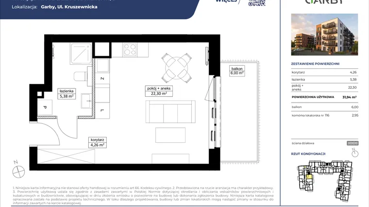 Rzut - Mieszkanie na sprzedaż 1 pokój o powierzchni 31,94 m² - numer 8 w Nove Garby Etap III