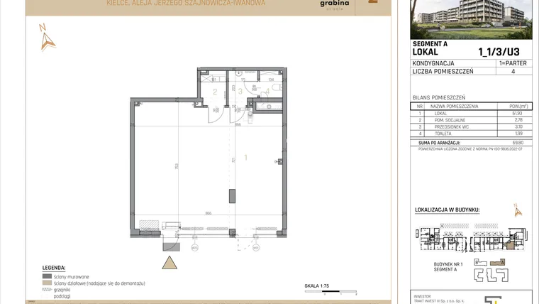 Rzut - Lokal użytkowy na sprzedaż 4 pokoje o powierzchni 69,8 m² - numer U3 w Osiedle Grabina 2