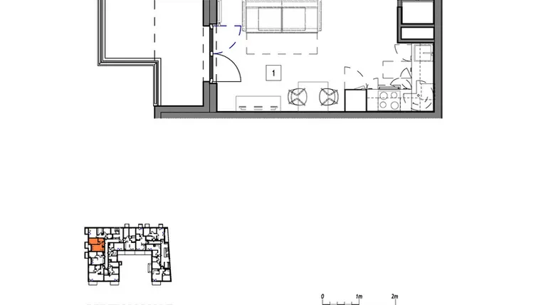 Rzut - Mieszkanie na sprzedaż 2 pokoje o powierzchni 36,86 m² - numer M012 w Fredry