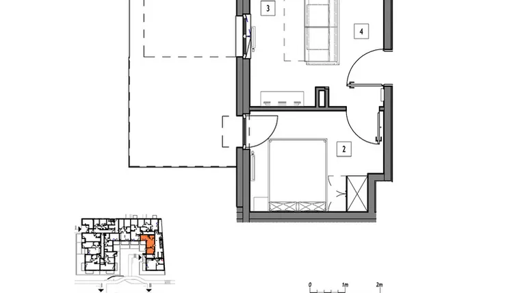 Rzut - Mieszkanie na sprzedaż 2 pokoje o powierzchni 39,05 m² - numer M032 w Fredry