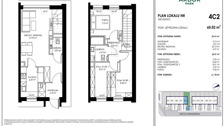 Rzut - Mieszkanie na sprzedaż 4 pokoje o powierzchni 69,02 m² - numer 4C2 w Arbor Park