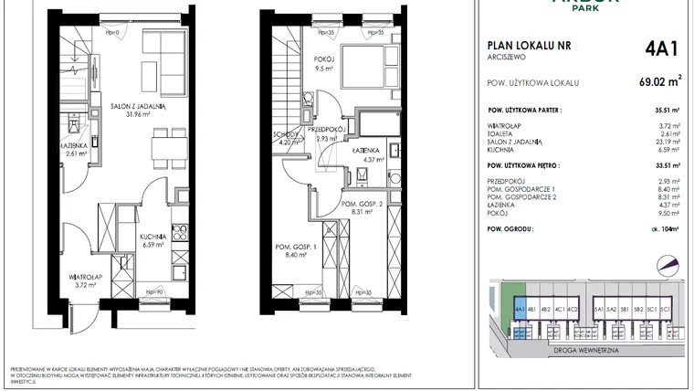 Rzut - Mieszkanie na sprzedaż 4 pokoje o powierzchni 69,02 m² - numer 4A1 w Arbor Park