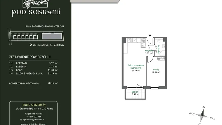 Rzut - Mieszkanie na sprzedaż 2 pokoje o powierzchni 40,16 m² - numer 4 w Pod Sosnami