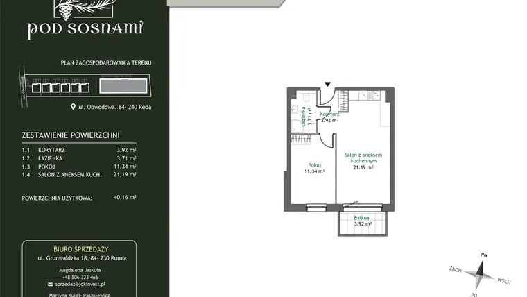Rzut - Mieszkanie na sprzedaż 2 pokoje o powierzchni 40,16 m² - numer 6 w Pod Sosnami