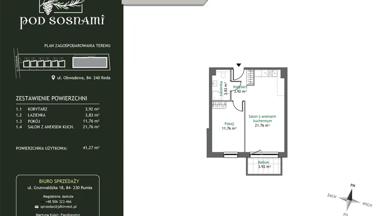Rzut - Mieszkanie na sprzedaż 2 pokoje o powierzchni 41,27 m² - numer 16 w Pod Sosnami