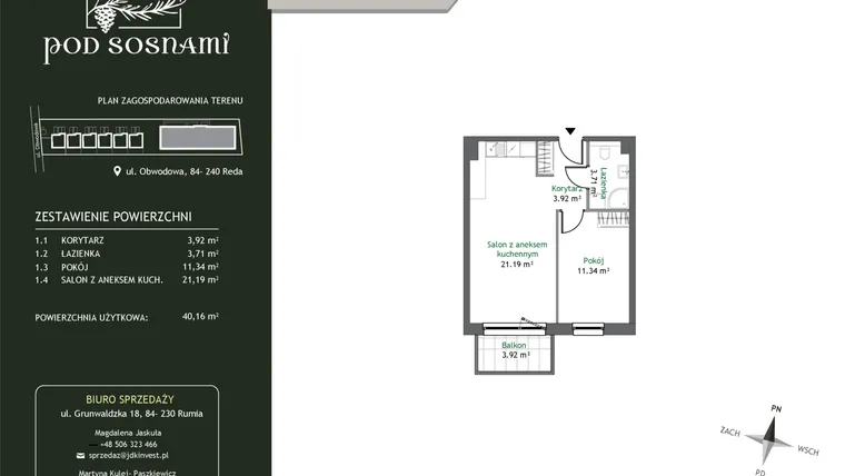 Rzut - Mieszkanie na sprzedaż 2 pokoje o powierzchni 40,16 m² - numer 8 w Pod Sosnami