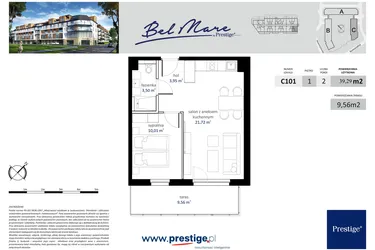 Rzut - Mieszkanie na sprzedaż 2 pokoje o powierzchni 39,29 m² - numer C101 w Bel Mare (Międzyzdroje)