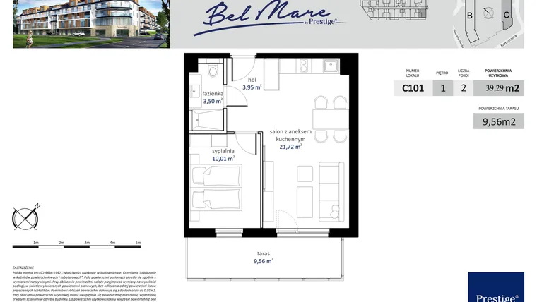 Rzut - Mieszkanie na sprzedaż 2 pokoje o powierzchni 39,29 m² - numer C101 w Bel Mare (Międzyzdroje)