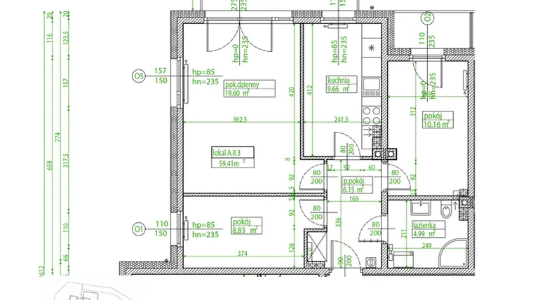 Rzut - Mieszkanie na sprzedaż 3 pokoje o powierzchni 59,3 m² - numer A.II.3 w Villa Rosenthal