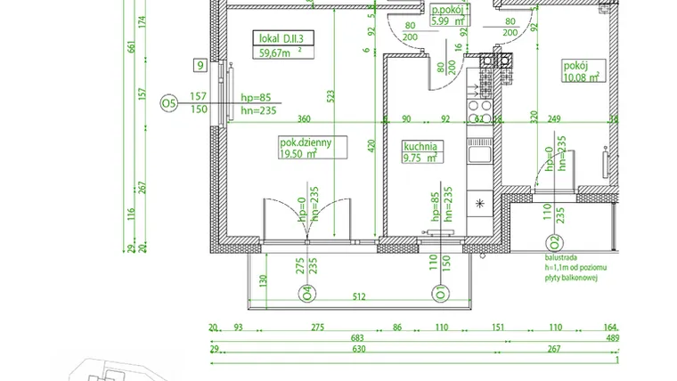 Rzut - Mieszkanie na sprzedaż 3 pokoje o powierzchni 59,5 m² - numer D.II.3 w Villa Rosenthal