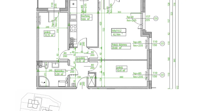 Rzut - Mieszkanie na sprzedaż 3 pokoje o powierzchni 62,12 m² - numer A.I.2 w Villa Rosenthal