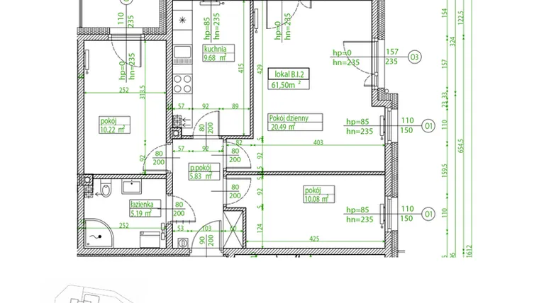 Rzut - Mieszkanie na sprzedaż 3 pokoje o powierzchni 60,78 m² - numer B.I.2 w Villa Rosenthal