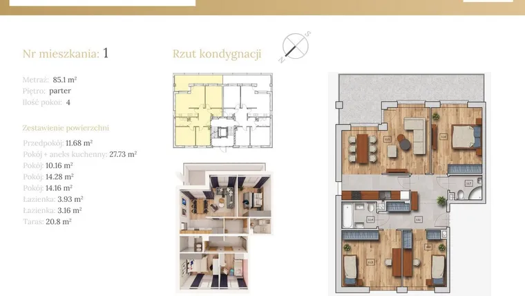 Rzut - Mieszkanie na sprzedaż 4 pokoje o powierzchni 86,58 m² - numer 51B.1 w Dębowa 51