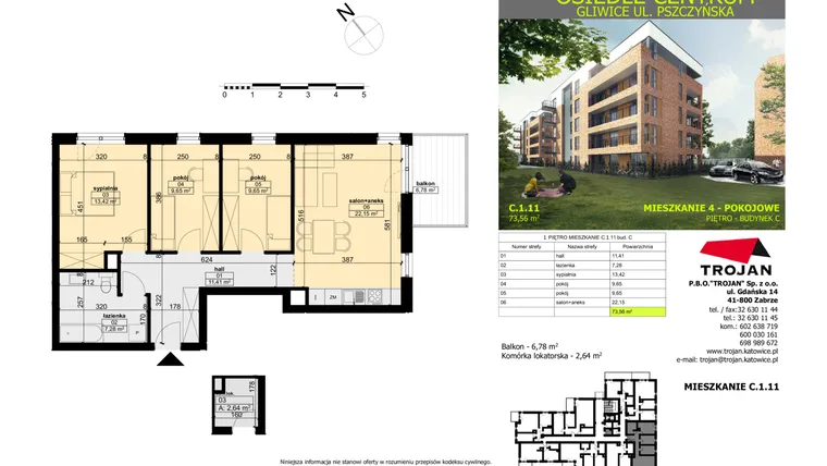 Rzut - Mieszkanie na sprzedaż 4 pokoje o powierzchni 72,25 m² - numer C.1.11 w Osiedle Centrum