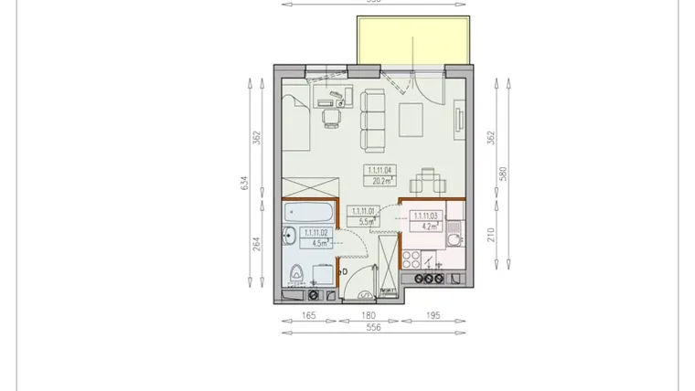 Rzut - Mieszkanie na sprzedaż 1 pokój o powierzchni 34,4 m² - numer BP3 1/1/11/1k w Browary Wrocławskie
