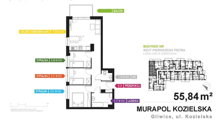 Rzut - Mieszkanie na sprzedaż 4 pokoje o powierzchni 55,84 m² - numer 1.1.15 w Murapol Osiedle Parkowe