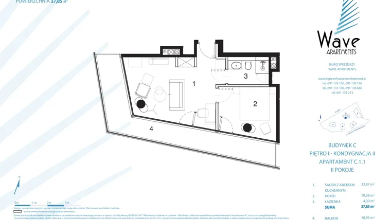 Rzut - Mieszkanie na sprzedaż 2 pokoje o powierzchni 37,85 m² - numer C.1.1 w Wave Międzyzdroje Resort & Spa