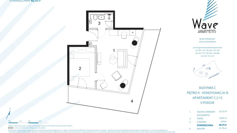 Rzut - Mieszkanie na sprzedaż 2 pokoje o powierzchni 40,1 m² - numer C.2.15 w Wave Międzyzdroje Resort & Spa