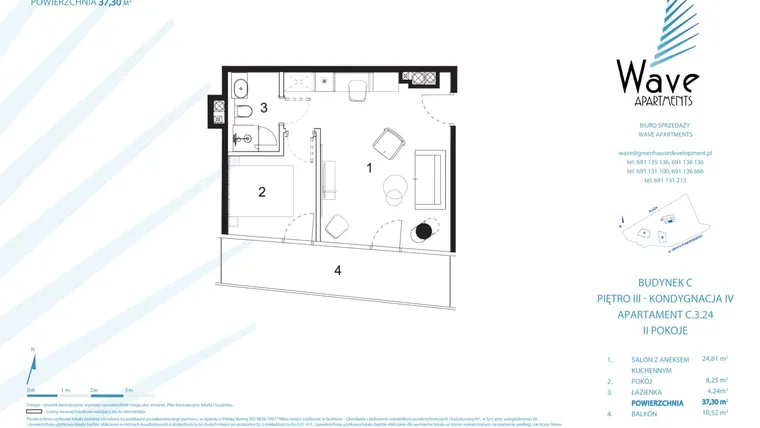 Rzut - Mieszkanie na sprzedaż 2 pokoje o powierzchni 37,3 m² - numer C.3.24 w Wave Międzyzdroje Resort & Spa