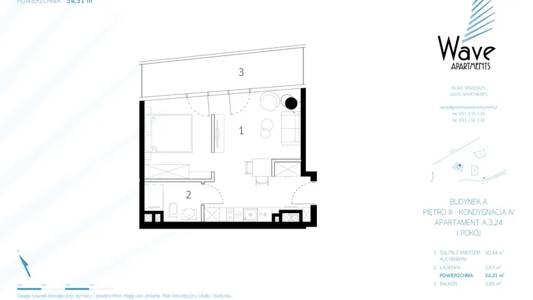 Rzut - Mieszkanie na sprzedaż 1 pokój o powierzchni 34,31 m² - numer A.3.24 w Wave Międzyzdroje Resort & Spa