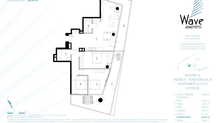 Rzut - Mieszkanie na sprzedaż 4 pokoje o powierzchni 97,73 m² - numer A.10.75 w Wave Międzyzdroje Resort & Spa