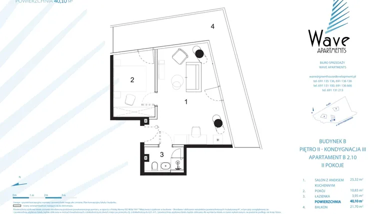 Rzut - Mieszkanie na sprzedaż 2 pokoje o powierzchni 40,1 m² - numer B.2.10 w Wave Międzyzdroje Resort & Spa