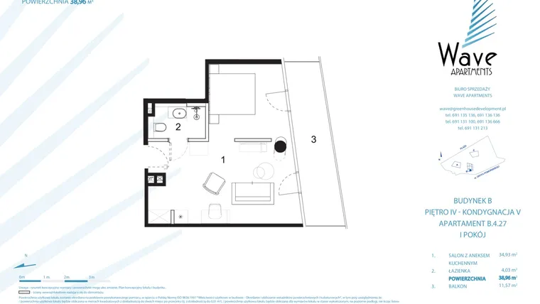 Rzut - Mieszkanie na sprzedaż 2 pokoje o powierzchni 38,96 m² - numer B.4.27 w Wave Międzyzdroje Resort & Spa