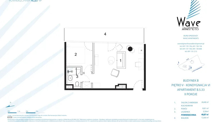 Rzut - Mieszkanie na sprzedaż 2 pokoje o powierzchni 40,87 m² - numer B.5.33 w Wave Międzyzdroje Resort & Spa