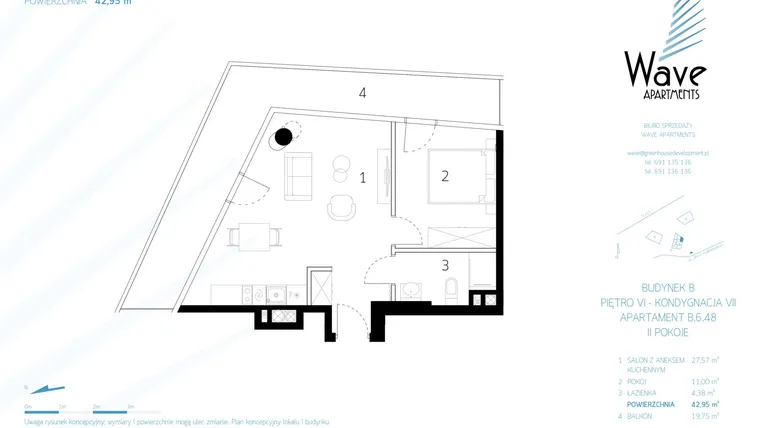 Rzut - Mieszkanie na sprzedaż 2 pokoje o powierzchni 42,95 m² - numer B.6.48 w Wave Międzyzdroje Resort & Spa