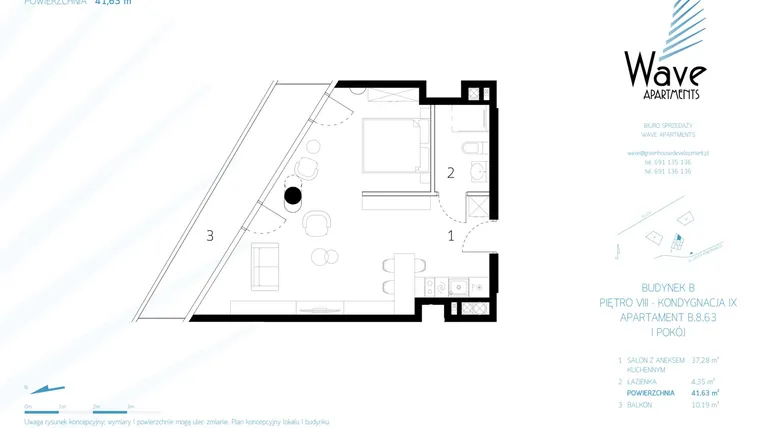 Rzut - Mieszkanie na sprzedaż 1 pokój o powierzchni 41,63 m² - numer B.8.63 w Wave Międzyzdroje Resort & Spa