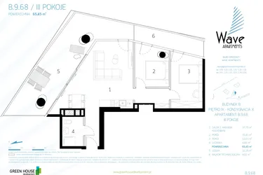 Rzut - Mieszkanie na sprzedaż 3 pokoje o powierzchni 66,09 m² - numer B.9.68 w Wave Międzyzdroje Resort & Spa