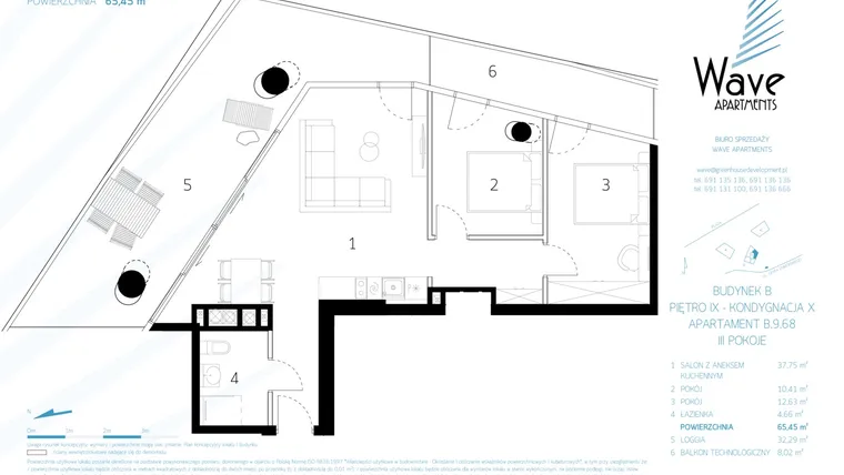 Rzut - Mieszkanie na sprzedaż 3 pokoje o powierzchni 66,09 m² - numer B.9.68 w Wave Międzyzdroje Resort & Spa