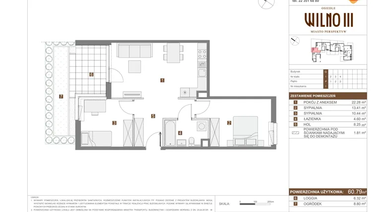 Rzut - Mieszkanie na sprzedaż 3 pokoje o powierzchni 60,79 m² - numer III.G.1 w Osiedle Wilno