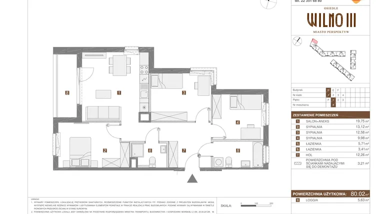 Rzut - Mieszkanie na sprzedaż 4 pokoje o powierzchni 80,02 m² - numer III.D.9 w Osiedle Wilno